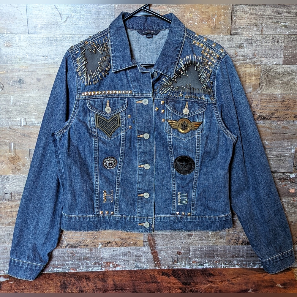 Upcycled Handcrafted Ton Of Detailed Bling Jean Jacket With Black Skull